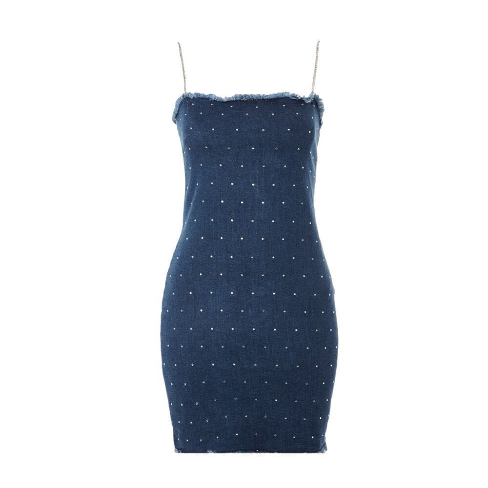 Jaded London Mini Dress Denim Diamante Large Blue Rhinestones Cotton